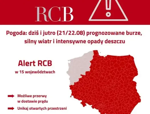 Alert RCB: Burze i silny wiatr w 15 województwach – ostrzeżenie dla mieszkańców