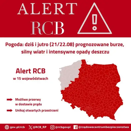 Alert RCB: Burze i silny wiatr w 15 województwach – ostrzeżenie dla mieszkańców