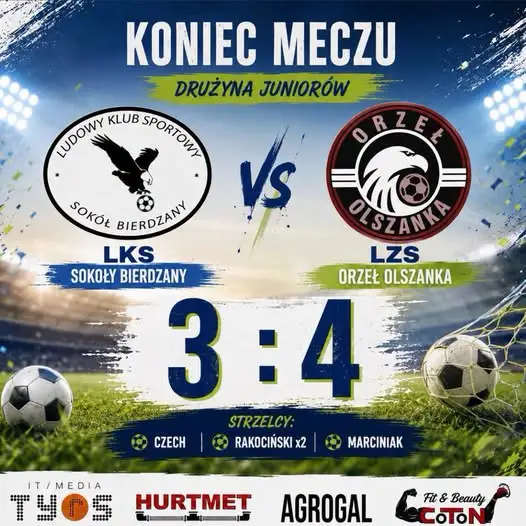 Juniorzy Orła Olszanka wygrywają w Bierdzanach po emocjonującym meczu