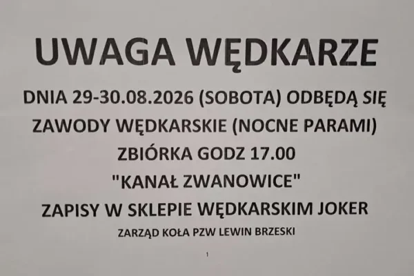 Nocne zawody wędkarskie parami na kanale w Zwanowicach – zaproszenie