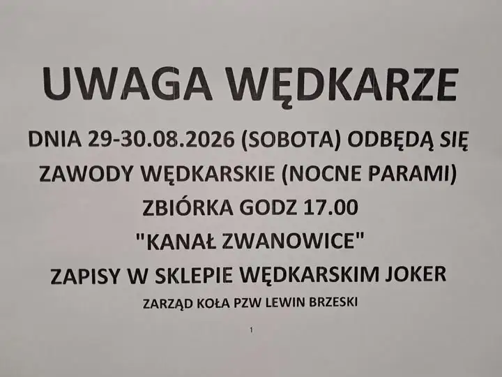 Nocne zawody wędkarskie parami na kanale w Zwanowicach – zaproszenie