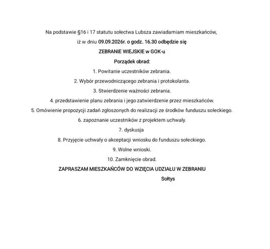 Zebranie wiejskie w Lubszy – 9 września 2026, GOK