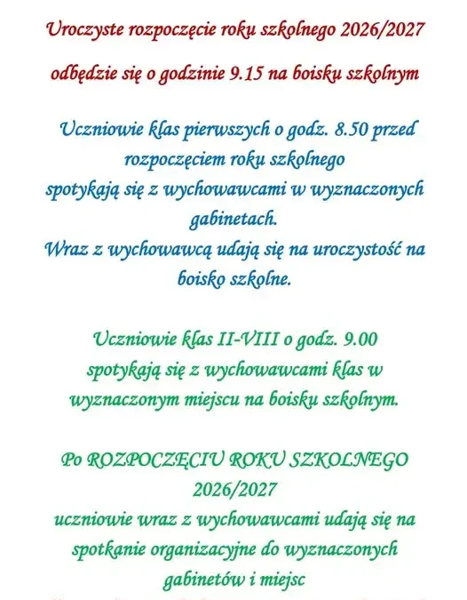 Uroczyste rozpoczęcie roku szkolnego 2026/2027 – harmonogram dla uczniów