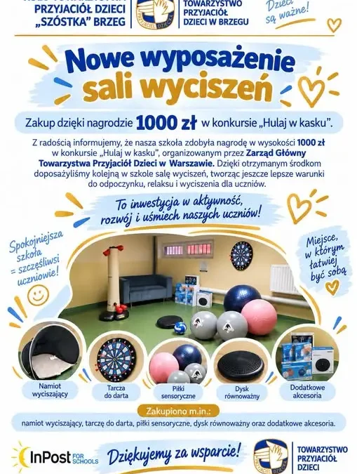 Szkoła Podstawowa nr 6 w Brzegu wzbogaciła salę wyciszeń dzięki nagrodzie w konkursie „Hulaj w kasku”