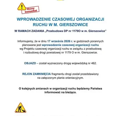 Gierszowice: od 17 września czasowa organizacja ruchu na drodze powiatowej nr 1179 O
