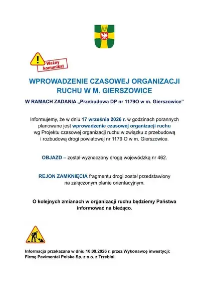 Gierszowice: od 17 września czasowa organizacja ruchu na drodze powiatowej nr 1179 O