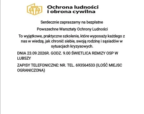 Lubsza: bezpłatne warsztaty ochrony ludności już 23 września