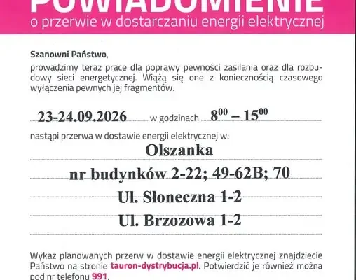 Przerwa w dostawie prądu w Olszance – 23 i 24 września