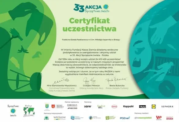 Uczniowie z Brzegu posprzątali świat – certyfikat dla szkoły