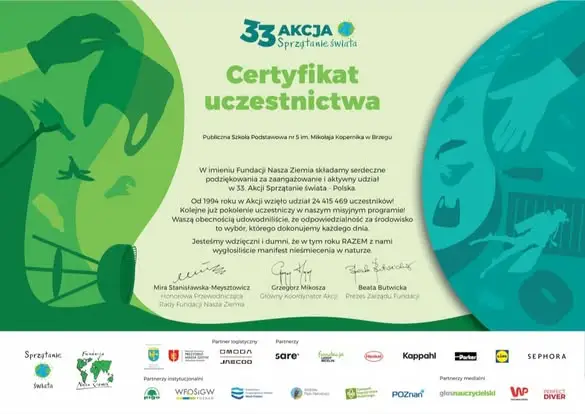 Uczniowie z Brzegu posprzątali świat – certyfikat dla szkoły