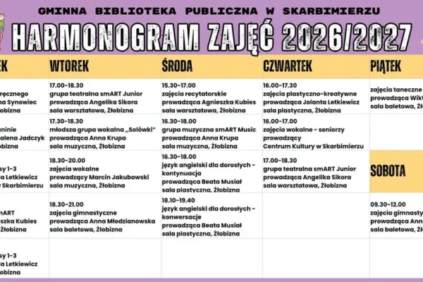 Harmonogram zajęć w Centrum Kultury w Skarbimierzu na sezon 2026/2027