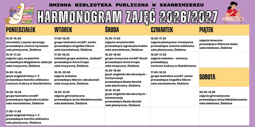 Harmonogram zajęć w Centrum Kultury w Skarbimierzu na sezon 2026/2027