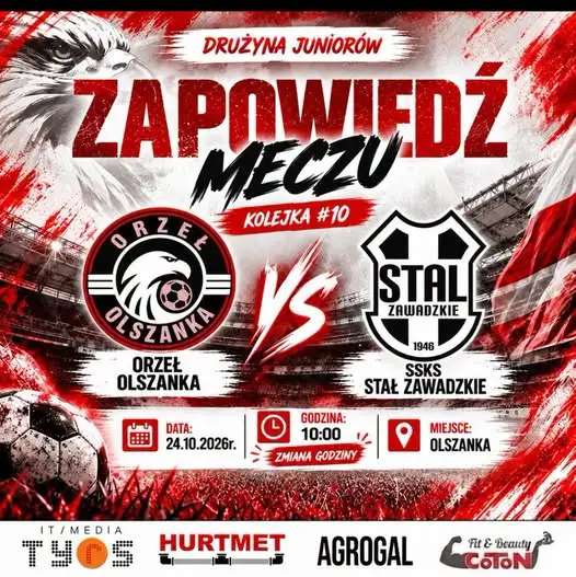 Zmiana godziny meczu juniorów Orła Olszanka ze Stalą Zawadzkie