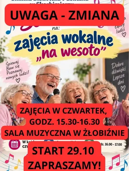 Zmiana miejsca i godziny zajęć wokalnych dla seniorów w gminie Skarbimierz